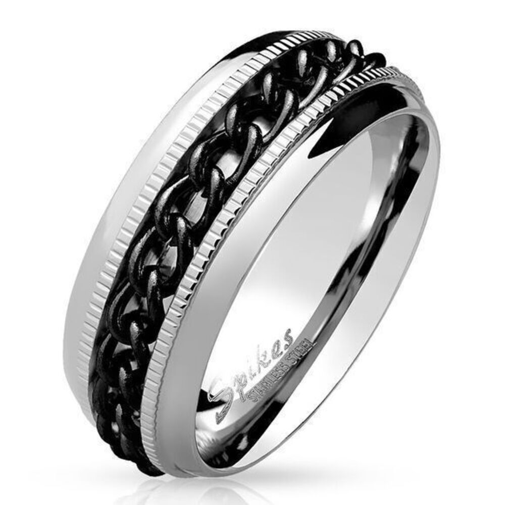 Black PVD Chain Center Spinner and Diacut Lined Stainless‎ Steel Ring Size 8